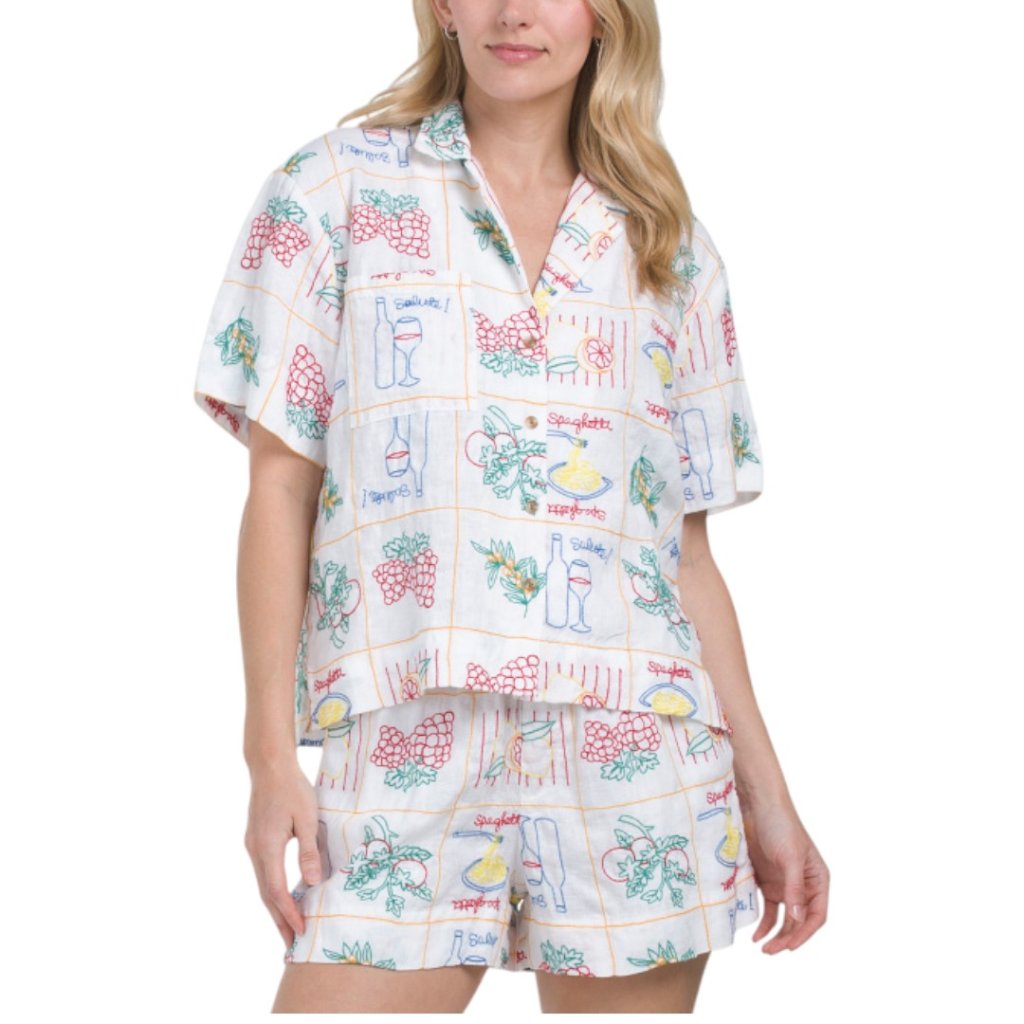 Magaschoni Linen Embroidered Button Down Collared Camp Shirt